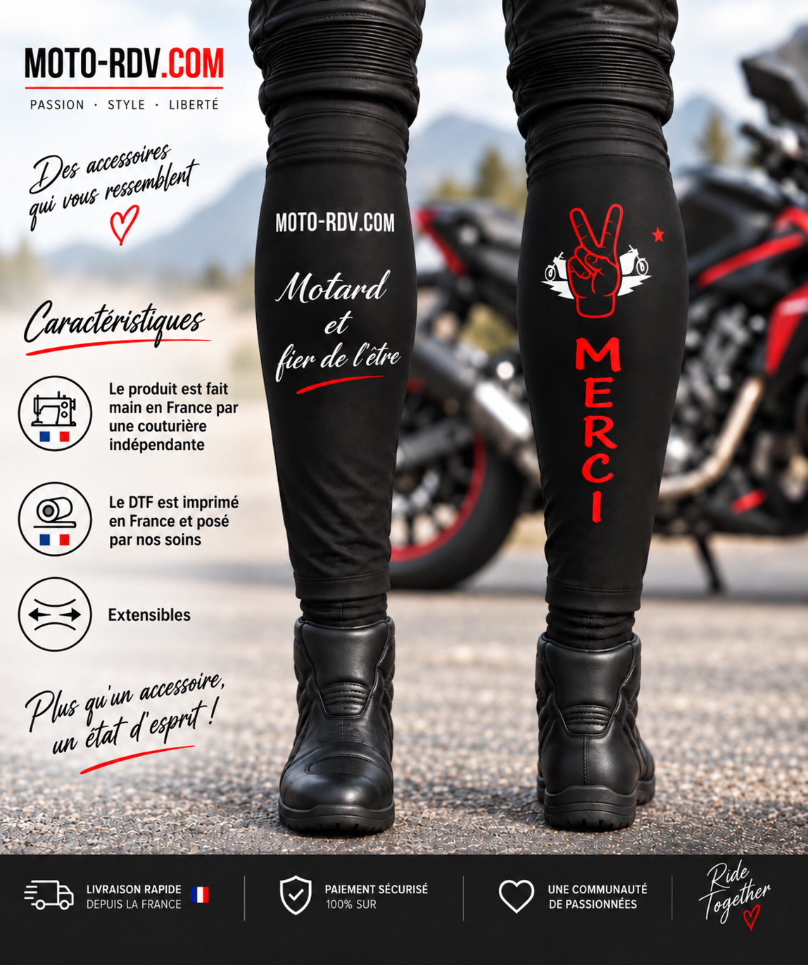 Jambière moto MERCI rouge – version Motard, faite main en France